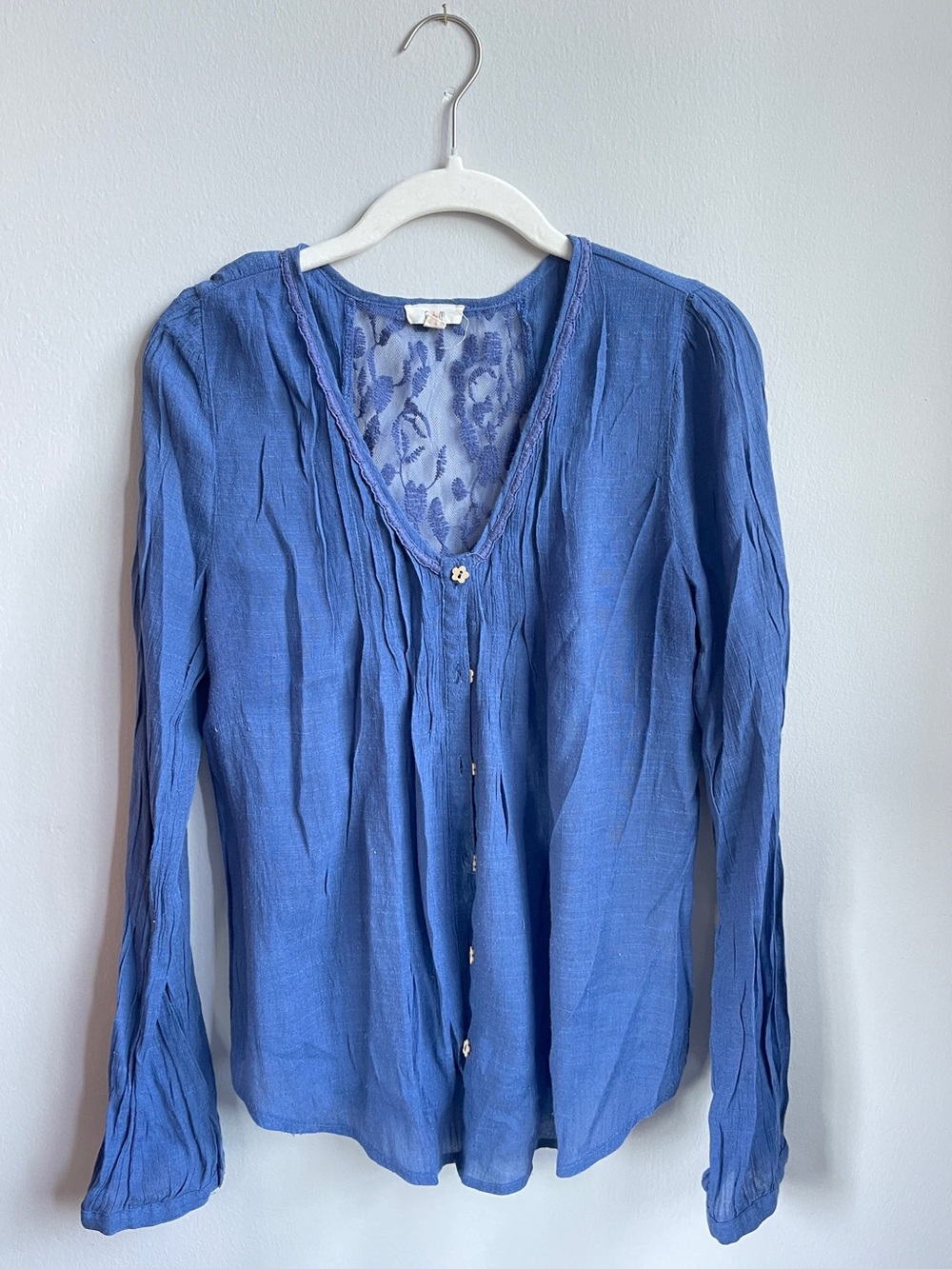 Whimsigoth/Boho Delicate Blue Lace-Back V-Neck Women's Blouse w/ Flower Buttons